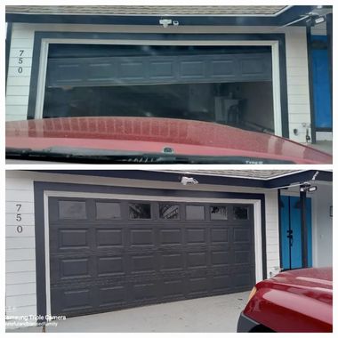 Before-and-after view of a house garage door changing from white to black, with a red car in the foreground.
