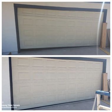 Two-panel photo of a beige garage door, showing it partially open then closed in a driveway.