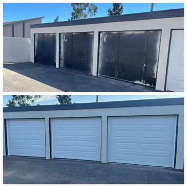Before-and-after view of three garage doors, painted from black to white on a building exterior.
