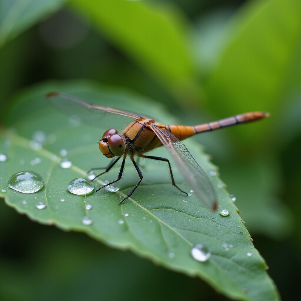 Dragonfly perched on a green leaf covered in water droplets.