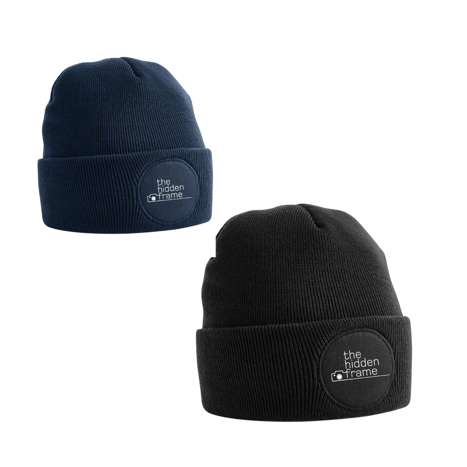 Two knit beanies, one navy and one black, each with a white patch.