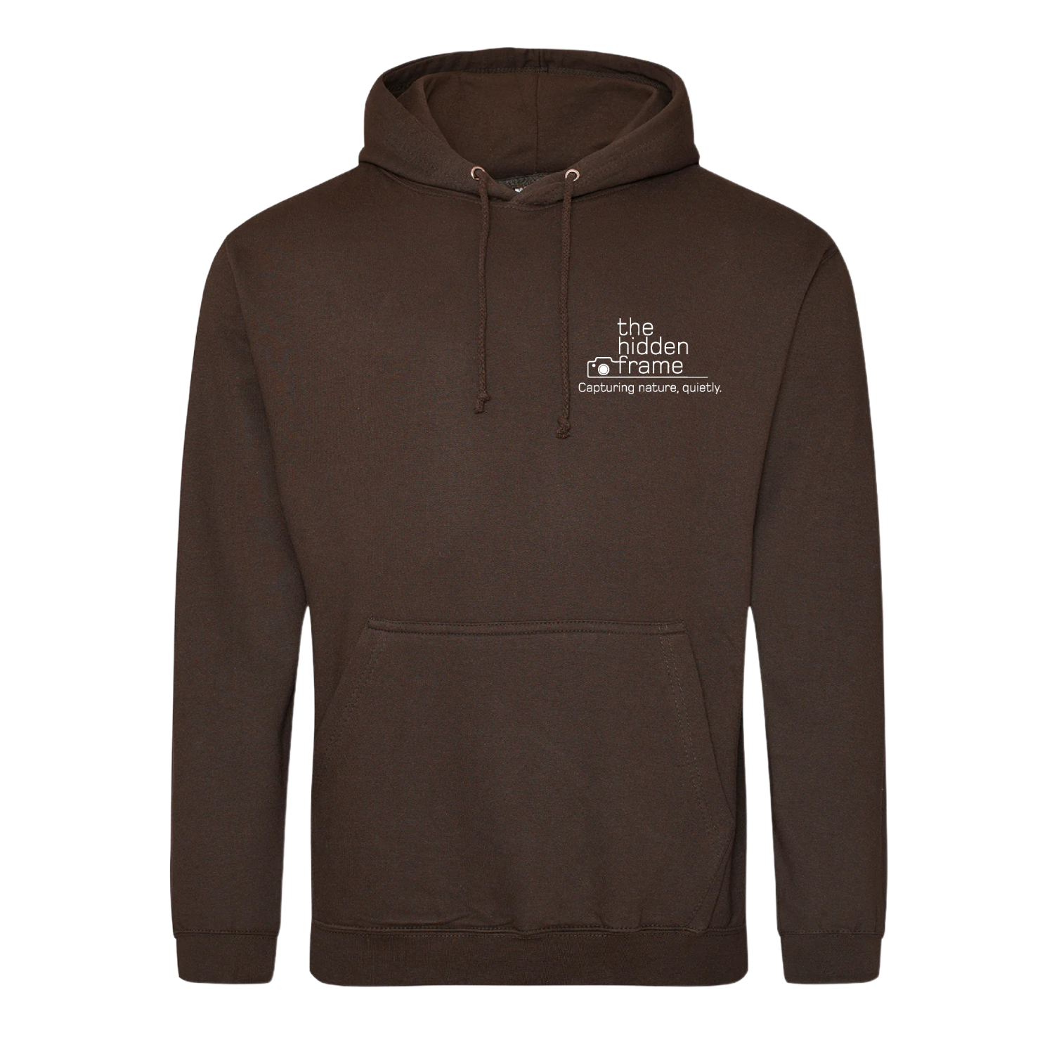 Brown hoodie with white text on the chest, reading 