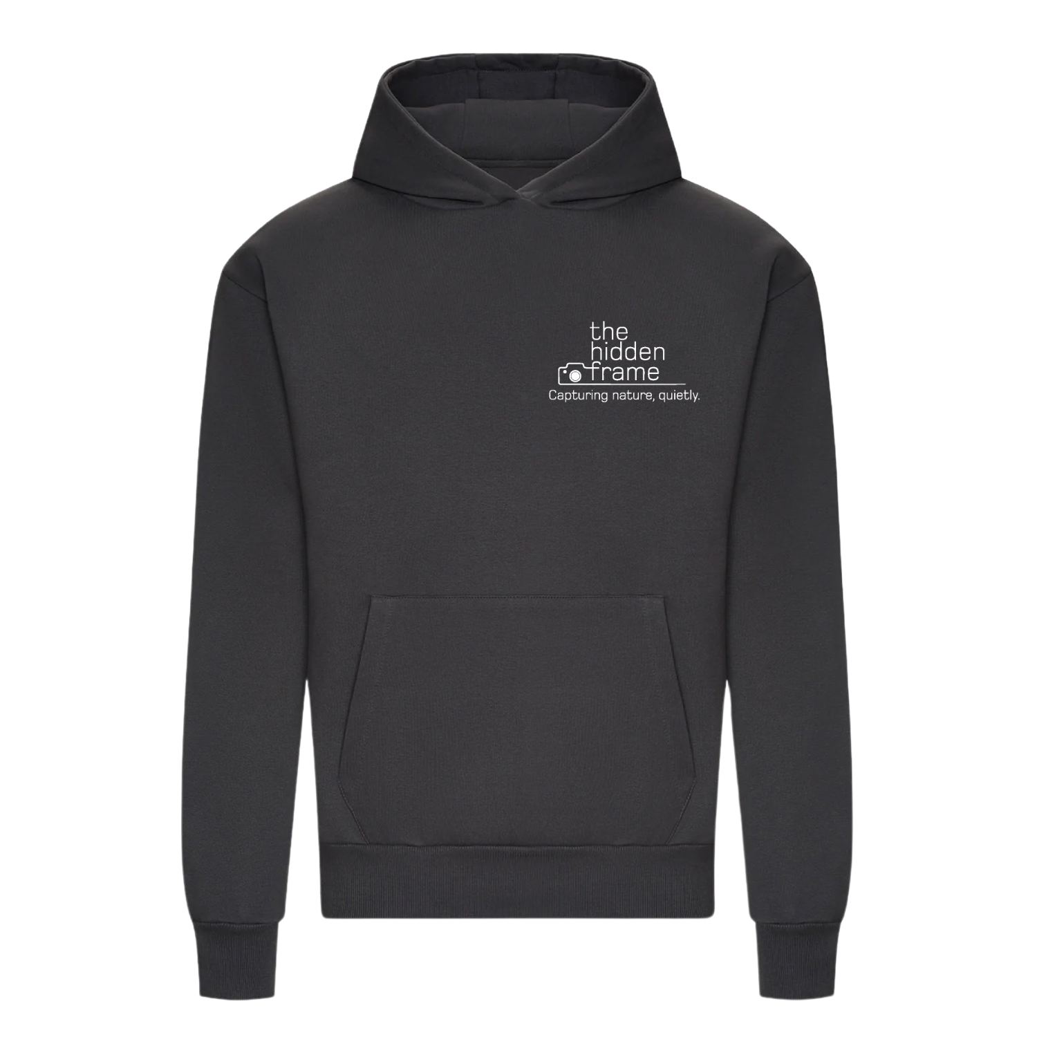 Dark gray hoodie with small white text 