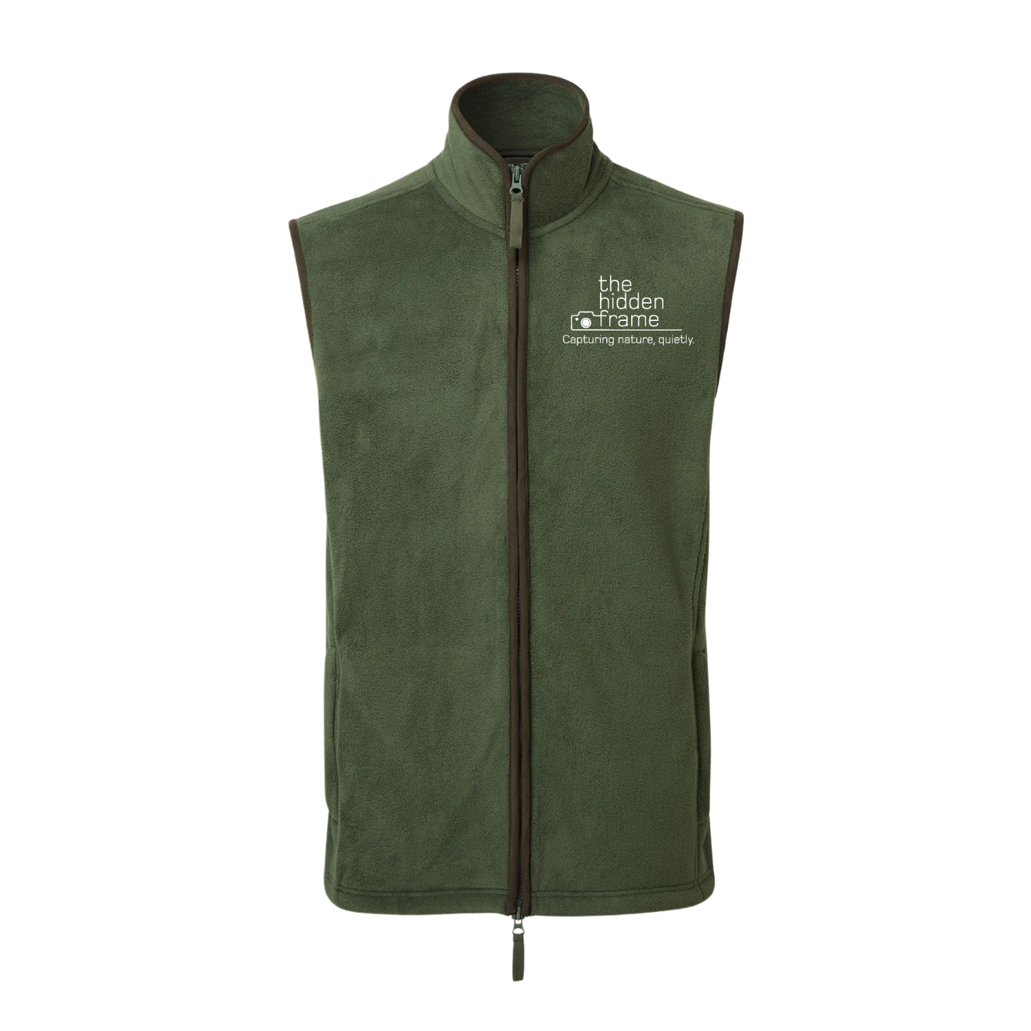 Green fleece vest with a full-length zipper and white text on the chest.