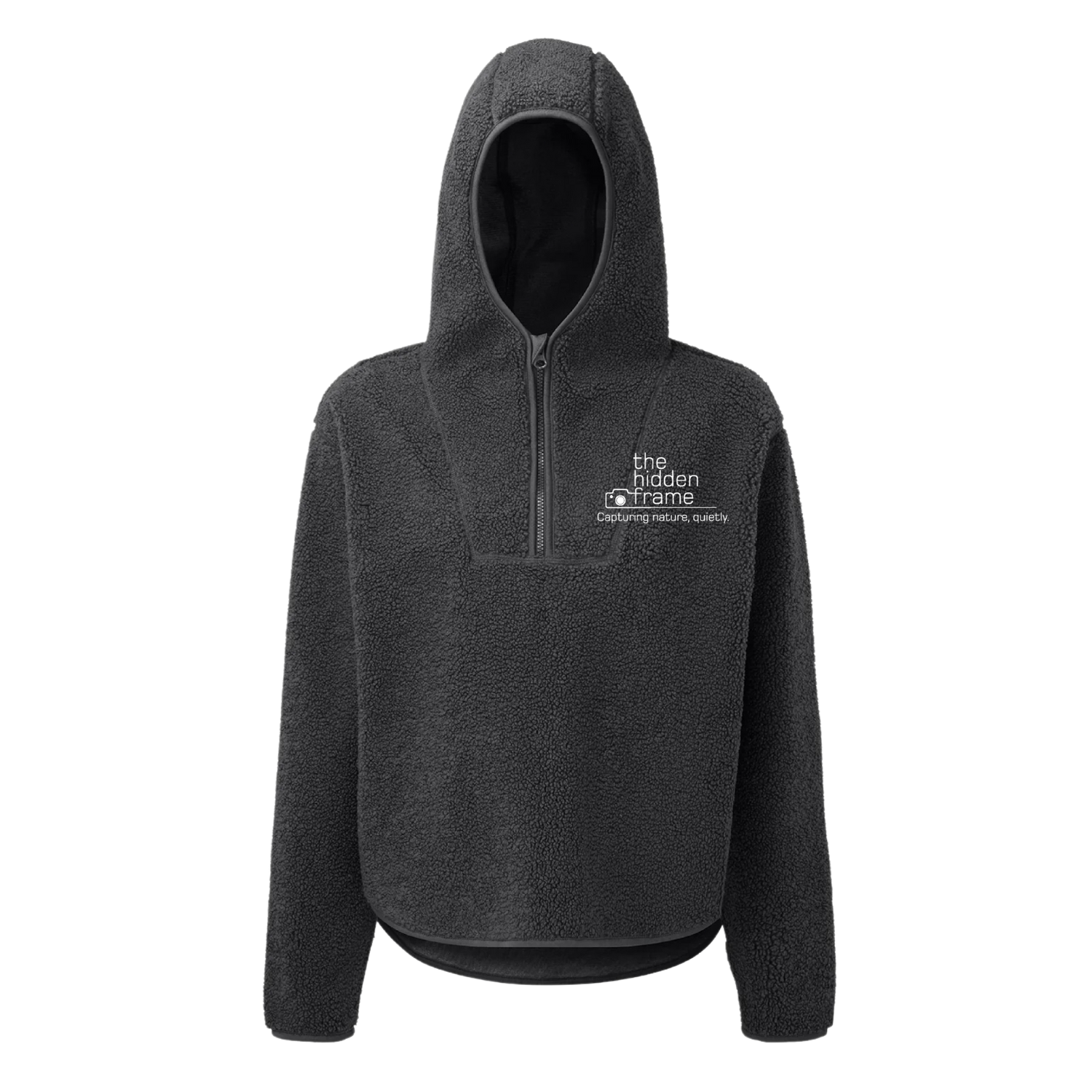 Dark gray hooded fleece pullover with small logo on chest.