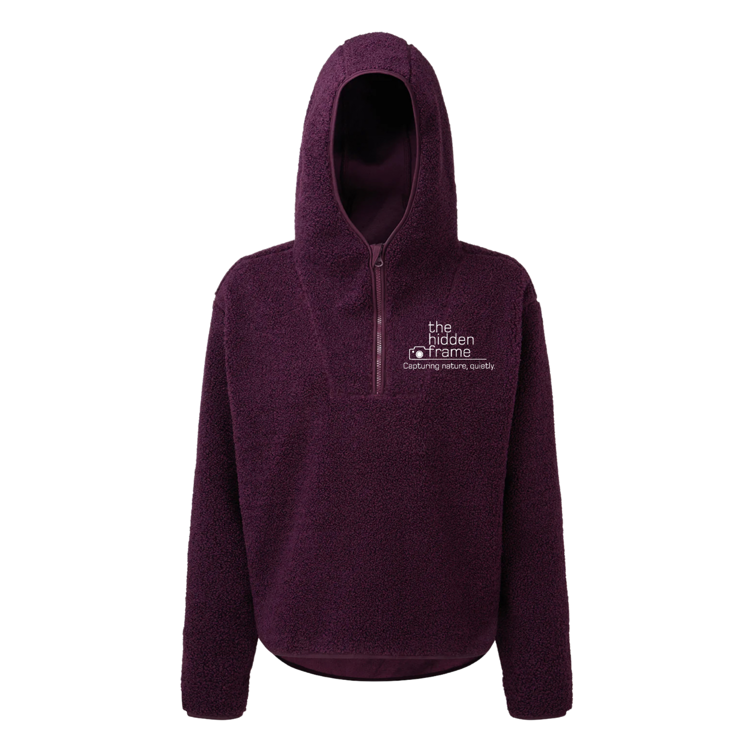 Dark purple sherpa pullover hoodie with a half zip and small white logo.