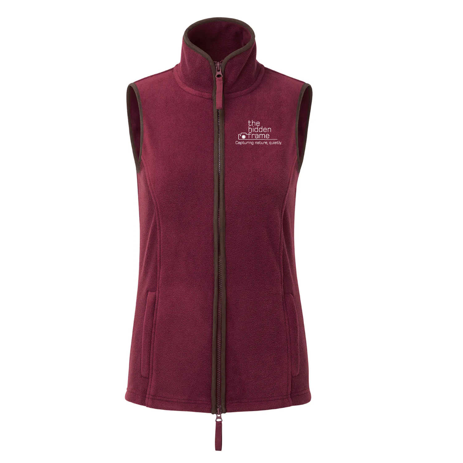 Maroon fleece vest with zipper and logo.