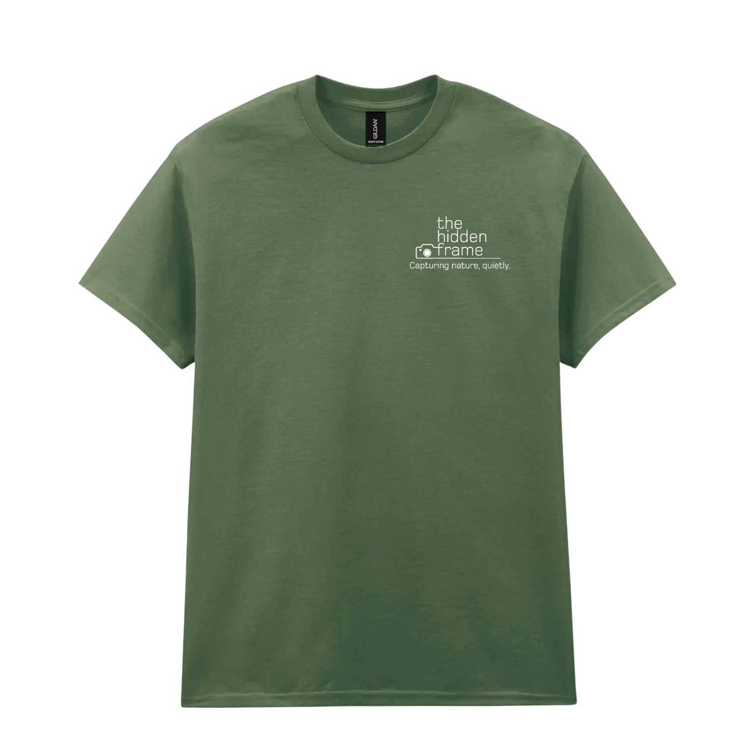 Green t-shirt with small white text on the upper chest: 