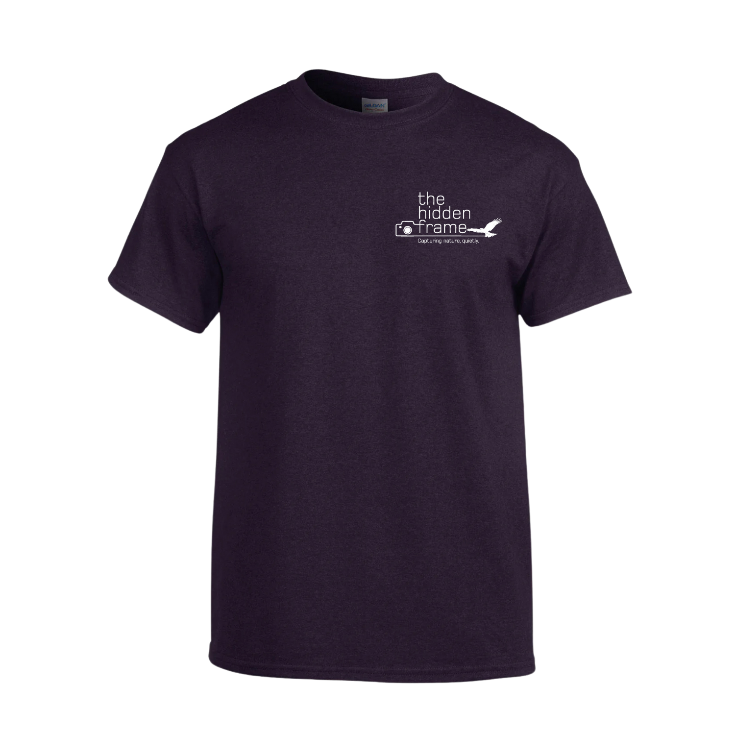 Dark purple t-shirt with a small white logo: 