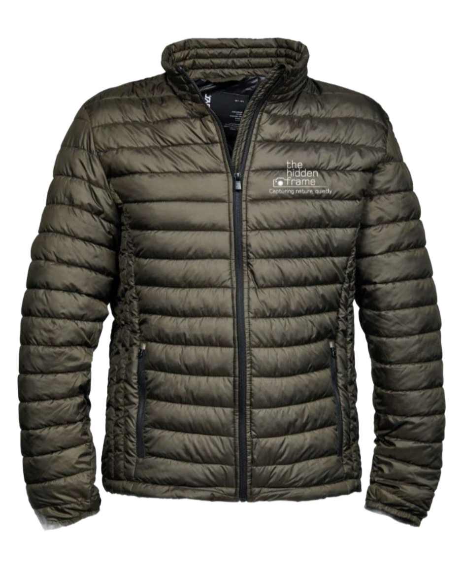 An olive green, quilted down-style jacket with a zipper closure and a white brand logo on the upper chest.