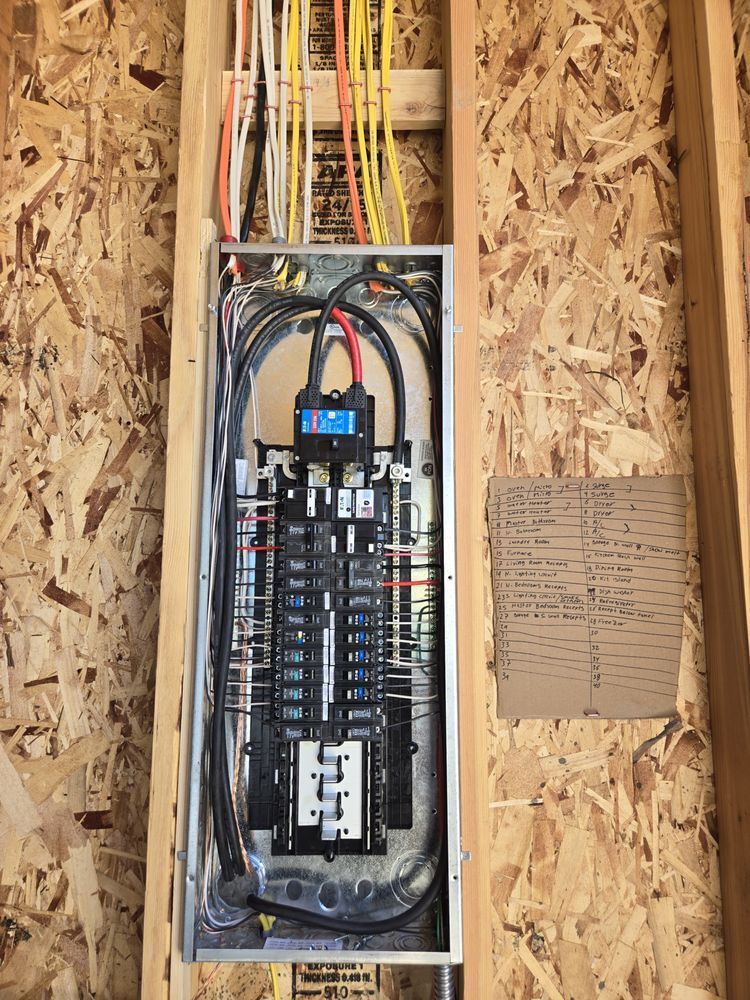 A electrical box is hanging on a wooden wall.