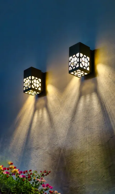 A couple of lights on a wall with flowers in the background.
