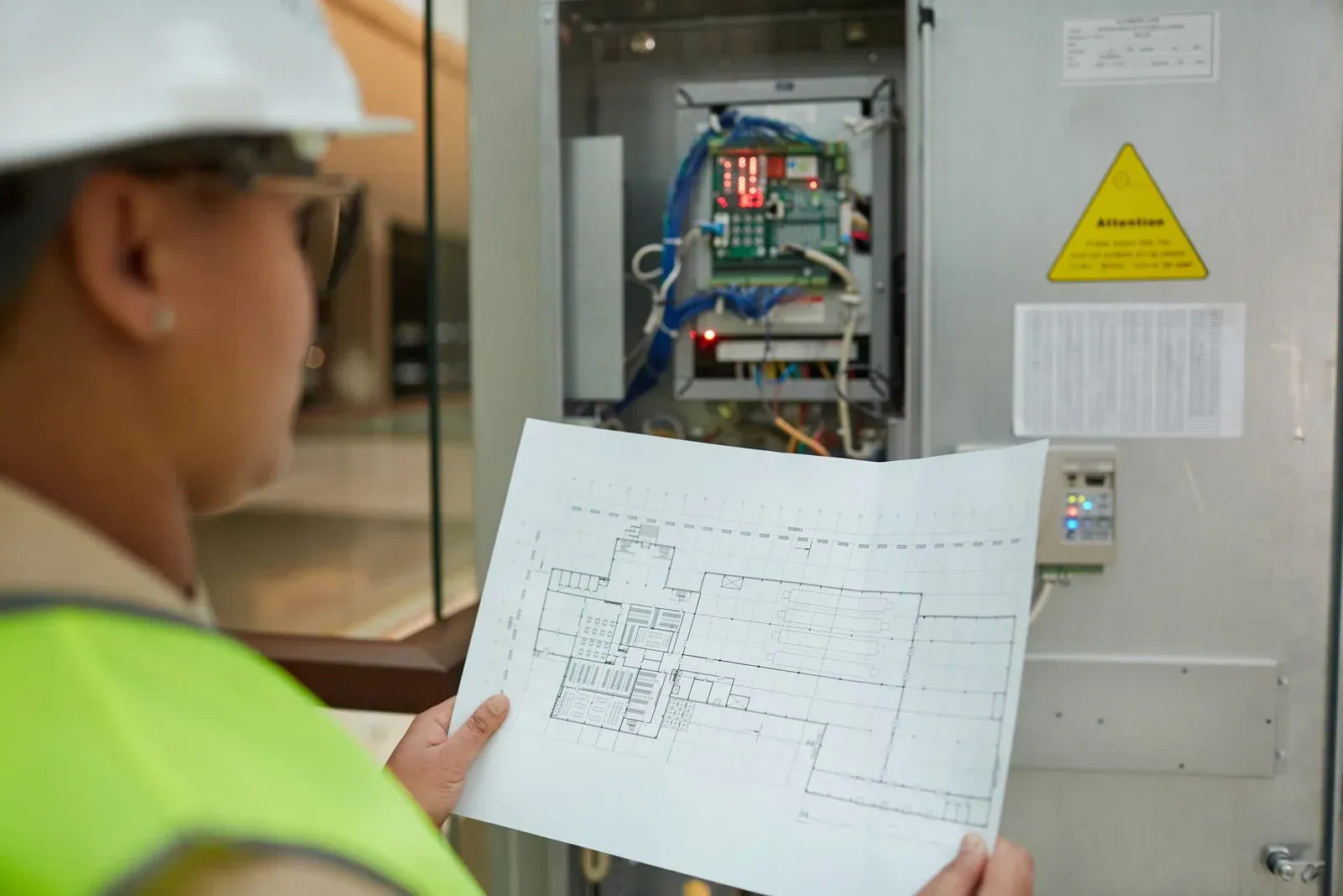 A man in a hard hat is holding a piece of paper in front of an electrical box.