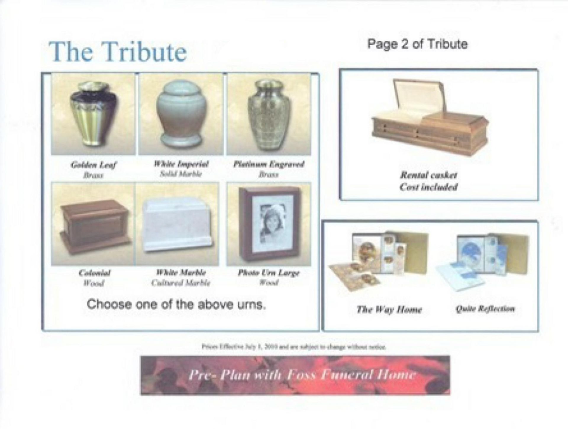 A funeral service product catalog showing various urns, a rental casket, and memorial stationery options.