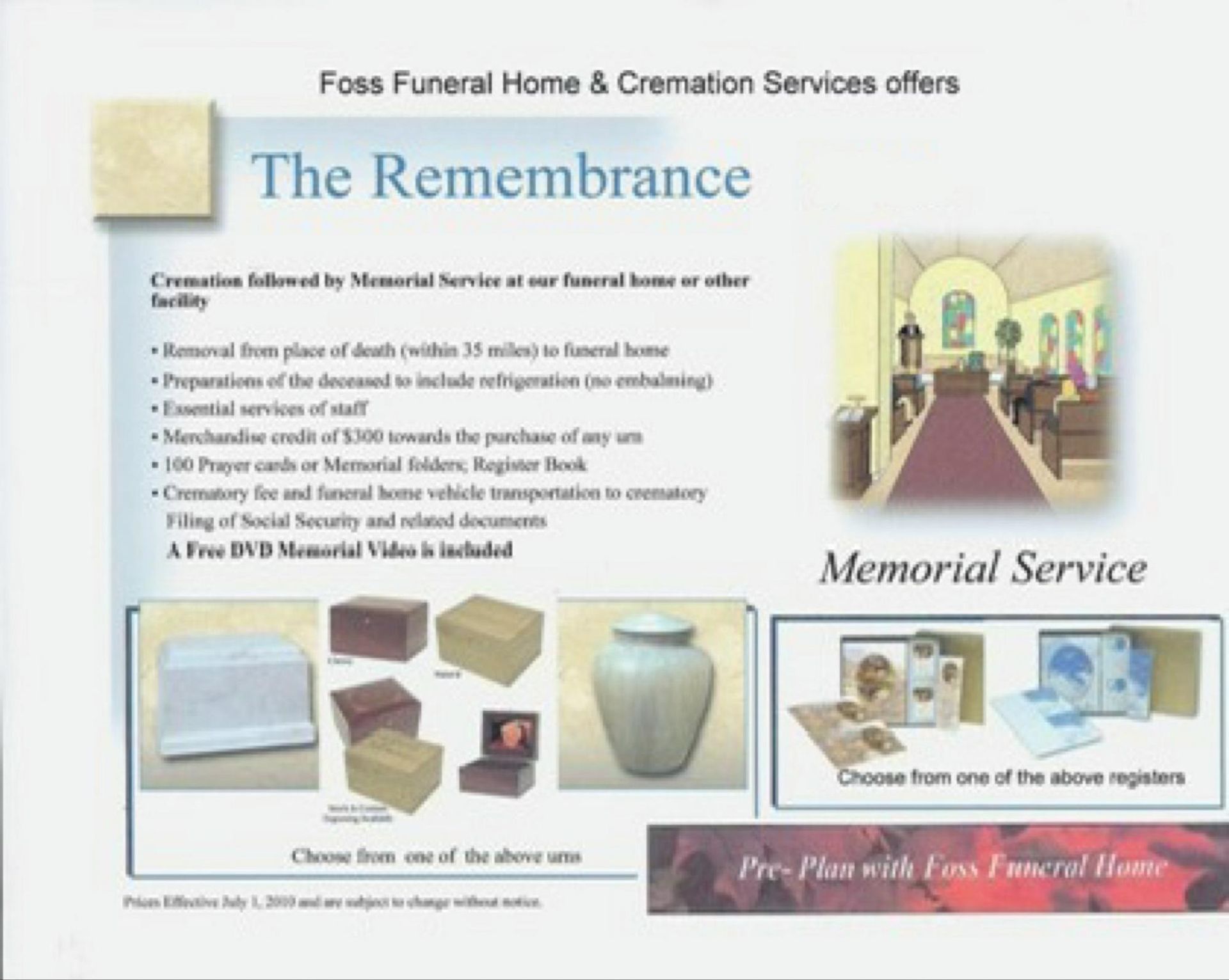 A flyer from Foss Funeral Home detailing a cremation and memorial service package including urns and memorial stationery.