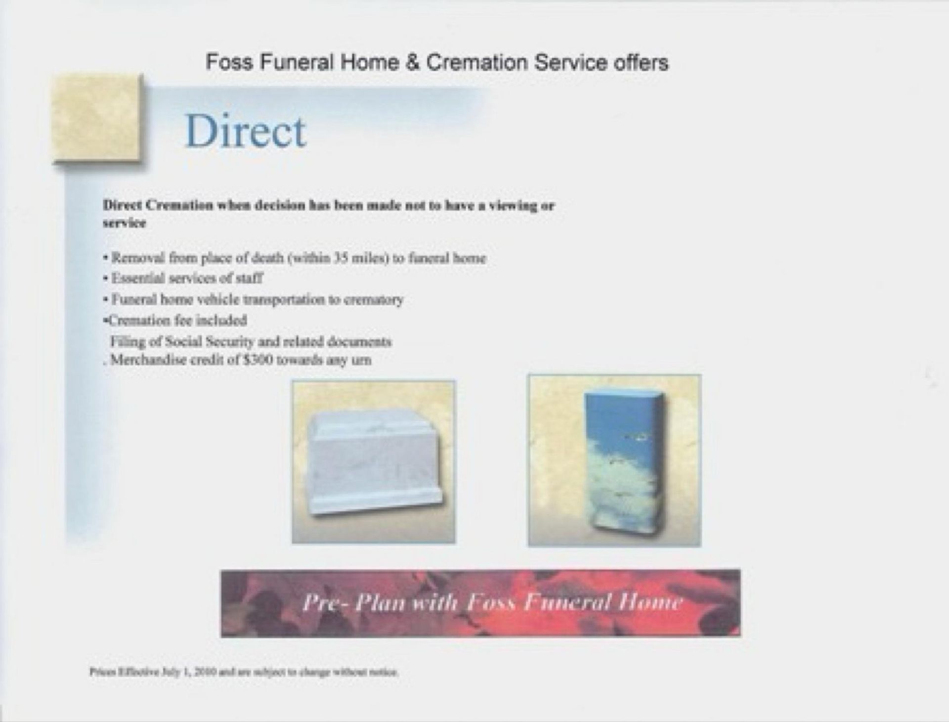Foss Funeral Home informational flyer detailing direct cremation services and a $100 merchandise credit.