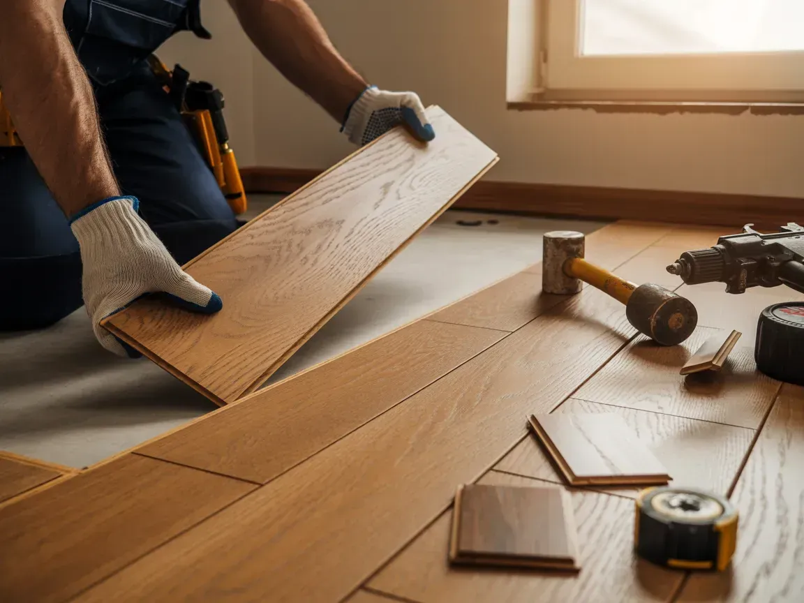 A worker in gloves installs wood laminate flooring, with tools like a mallet and tape measure nearby.