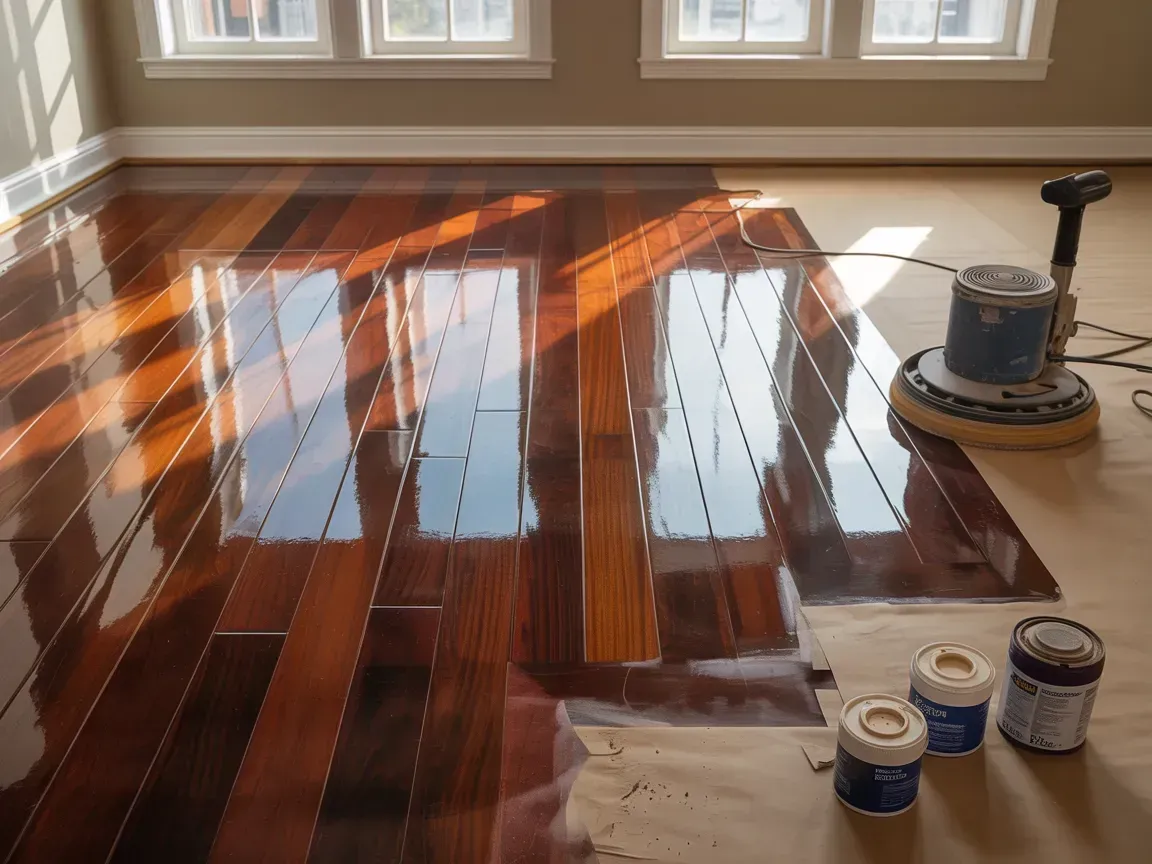 A floor buffer sits on a partially stained hardwood floor with three containers of stain nearby in a sunlit room.