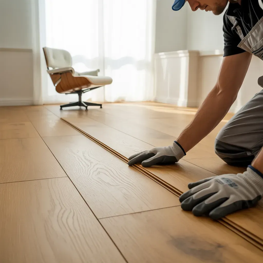 A worker in grey workwear and gloves installs light-colored wooden floor planks in a room with a modern chair.