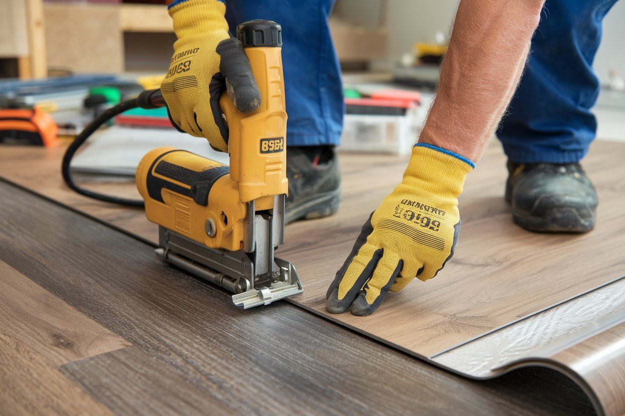 A man is cutting a piece of vinyl flooring with a jigsaw.