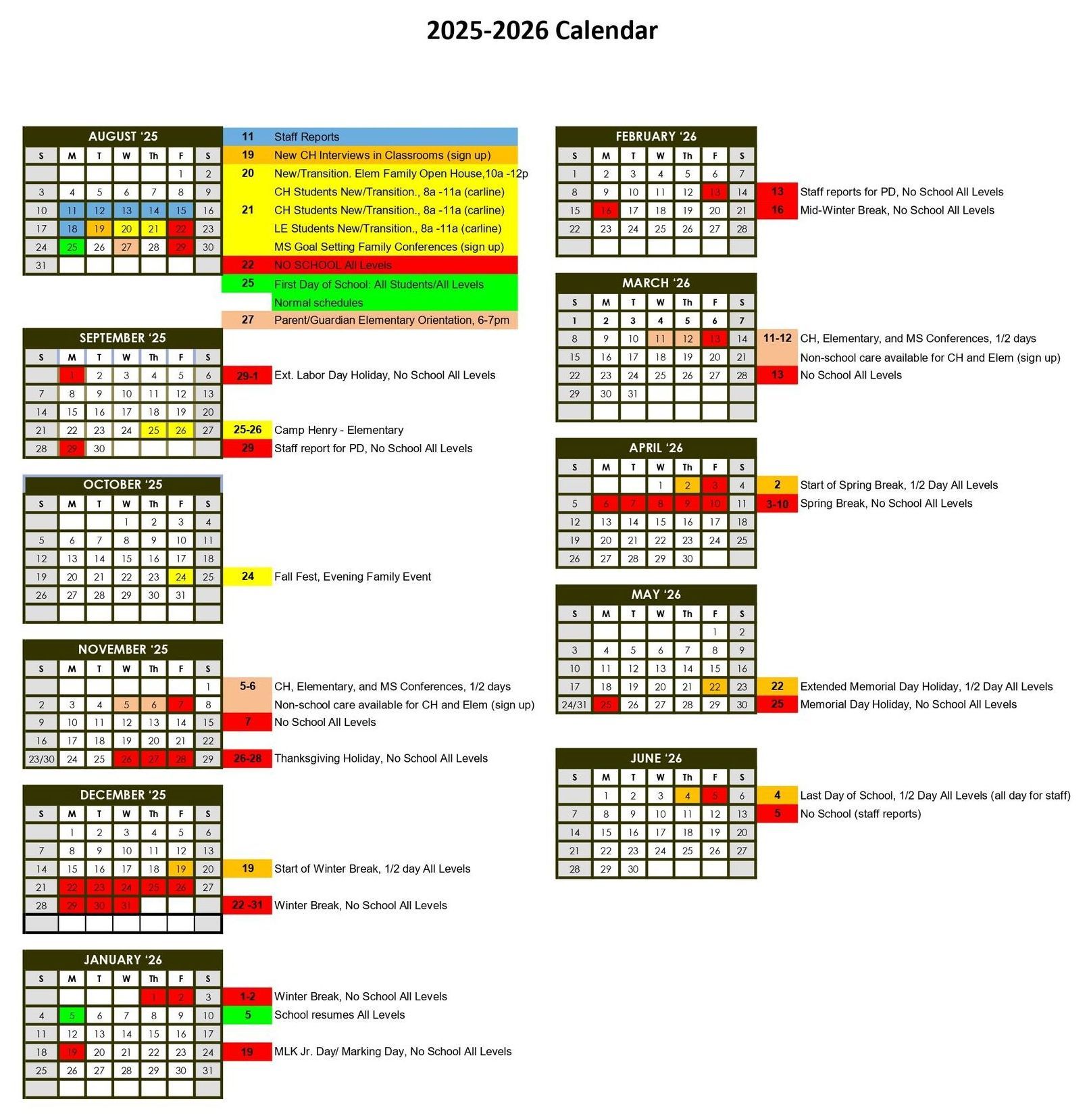 School calendar 2025-2026