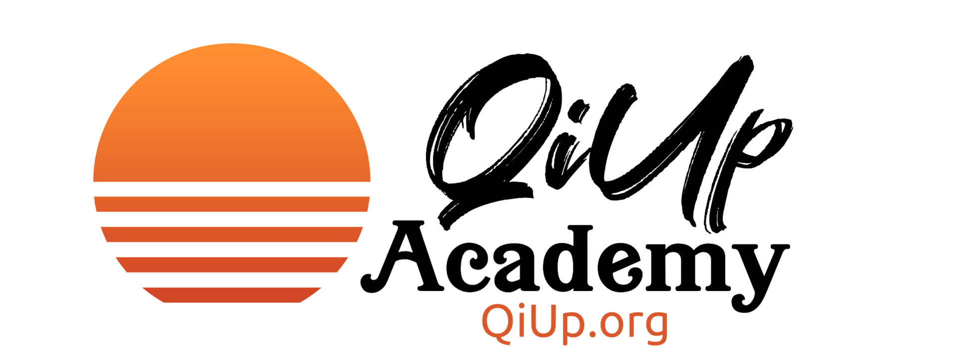 A logo for qi up academy with a sunset in the background