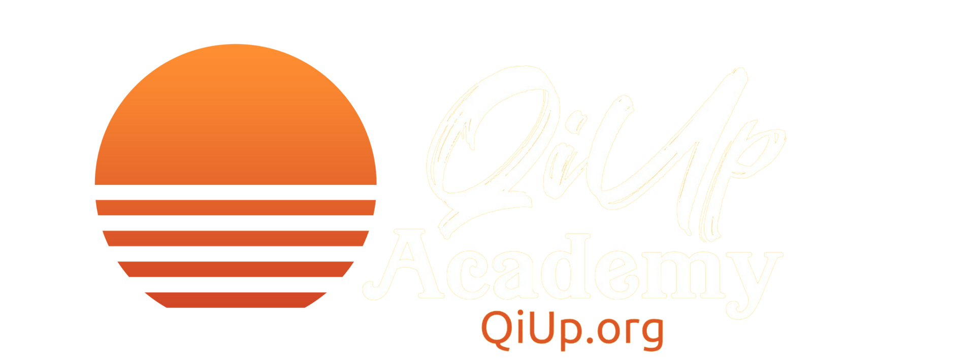 A logo for qi up academy with a sunset in the background