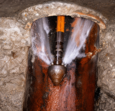 Water jet drilling through rock, spraying white water around a metal drill bit.