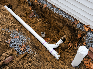 PVC drainage pipes installed in a dug trench beside a house foundation