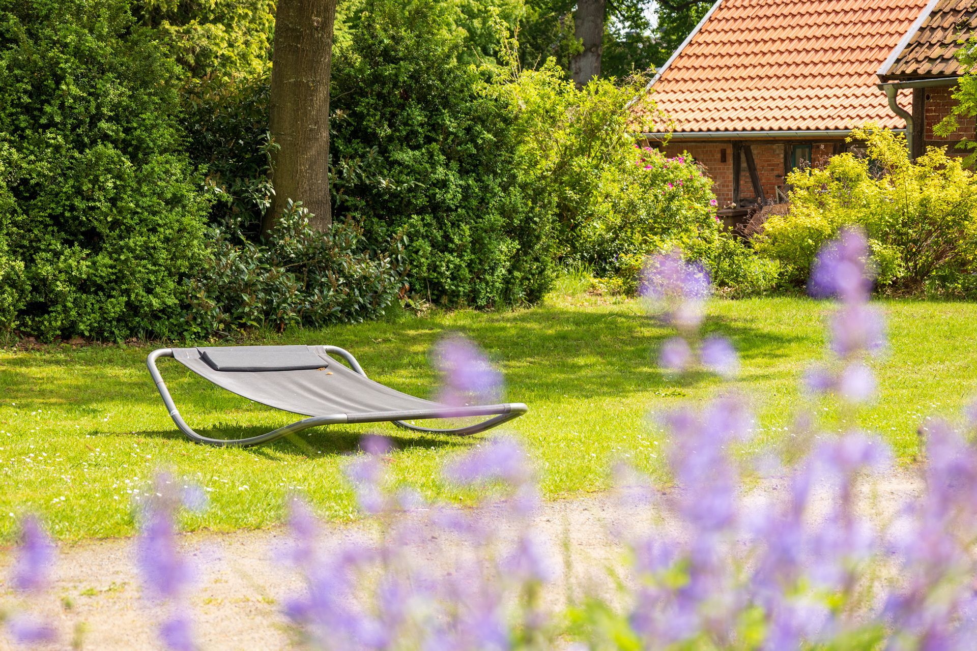 Liegestuhl auf einer grünen Rasenfläche neben lila Blumen, im Hintergrund Bäume und ein Haus.