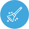 An icon of a broom with a long handle on a blue background.