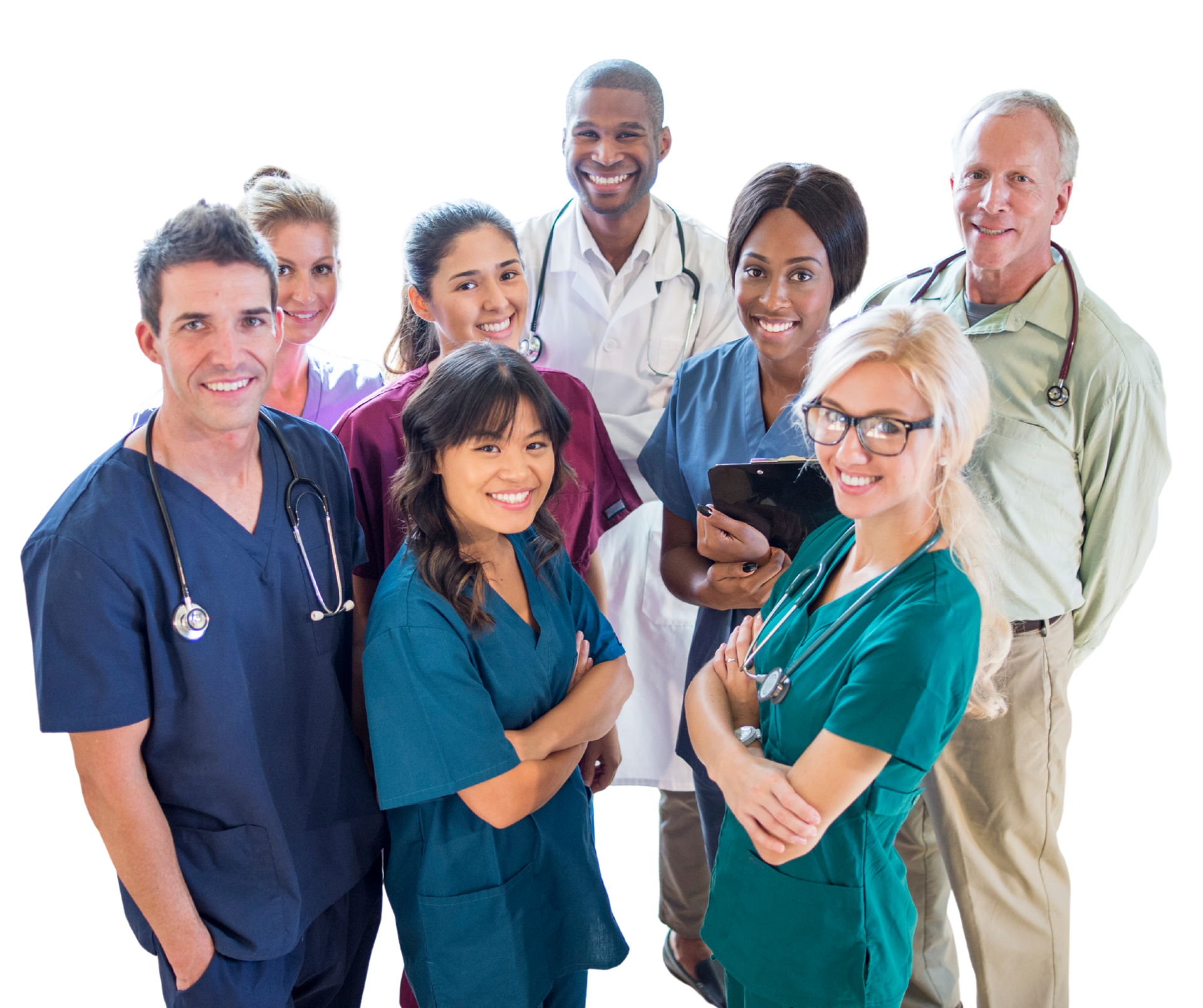 Group of medical professionals smiling, some with arms crossed, in scrubs and lab coats.