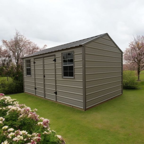 A shed with two windows is in the middle of a lush green field