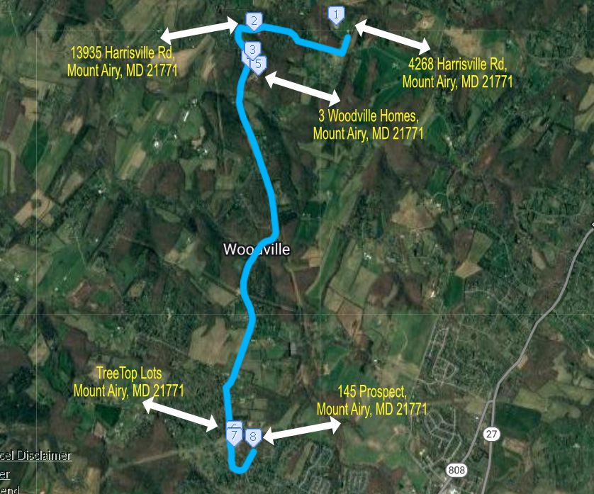 A map showing the route to mount airy md 21721