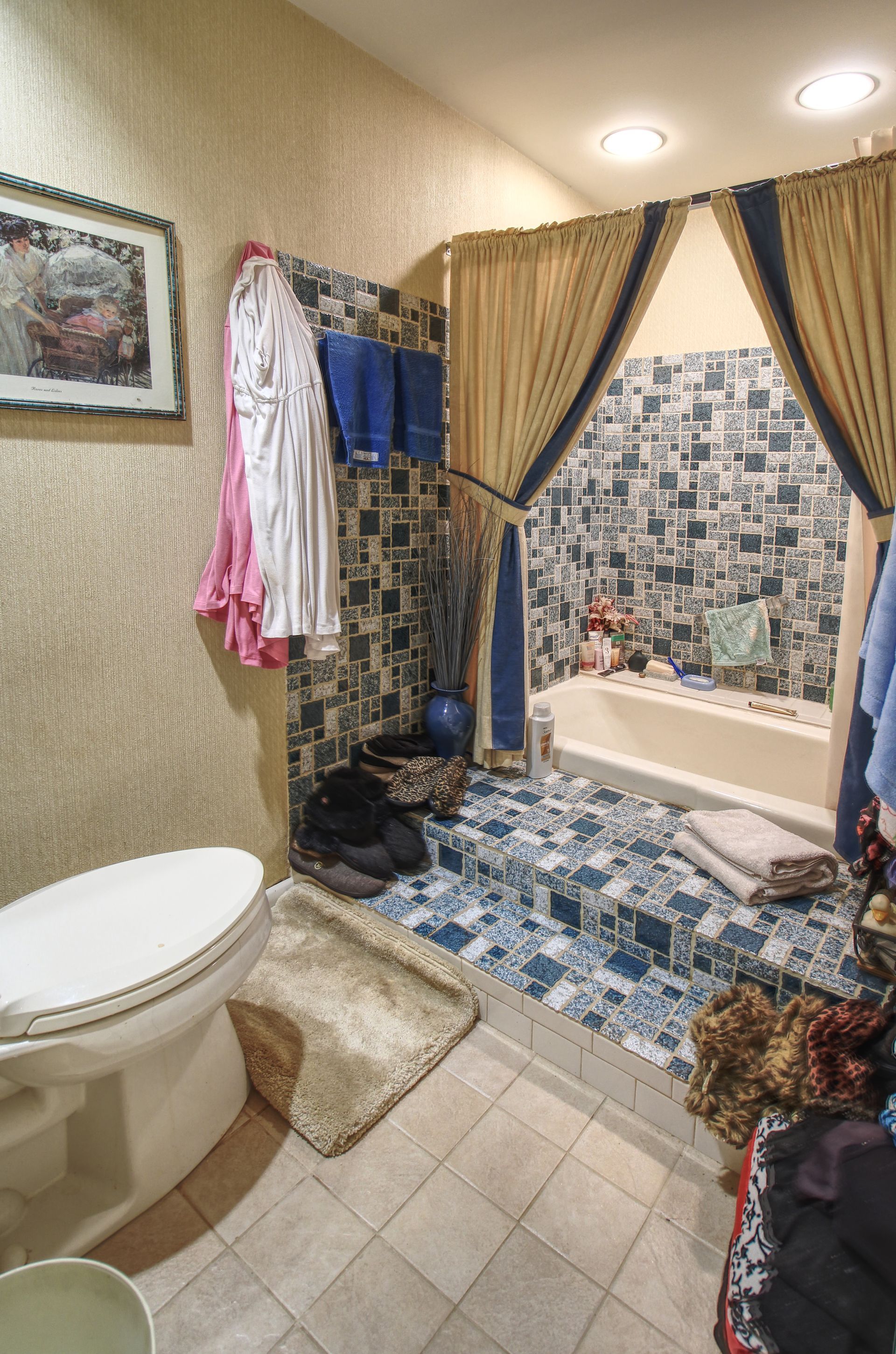 A bathroom with a toilet , bathtub and shower.