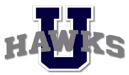 A blue and white logo for the hawks on a white background