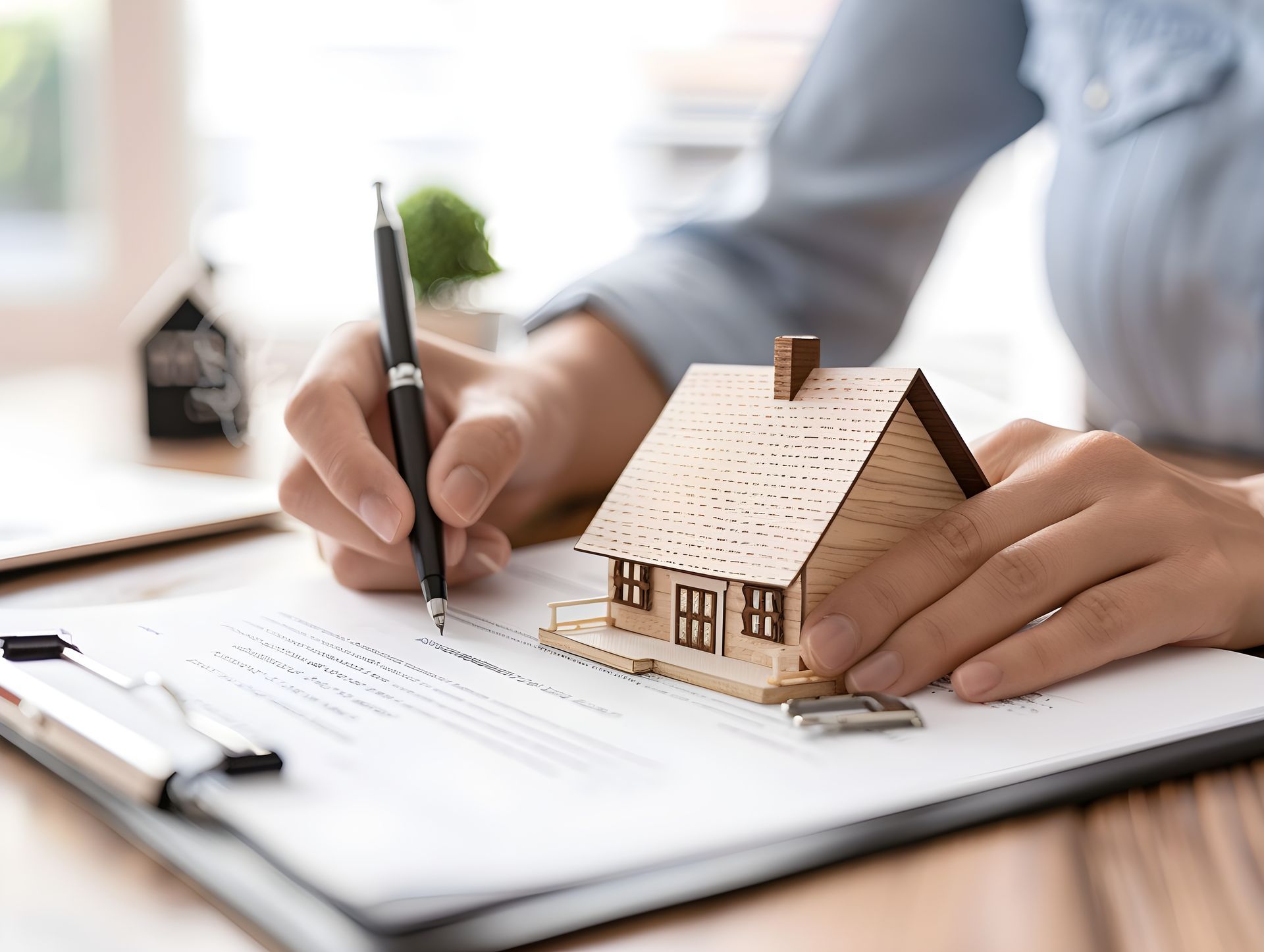 Person signing document, wooden house model, and keys on a clipboard.