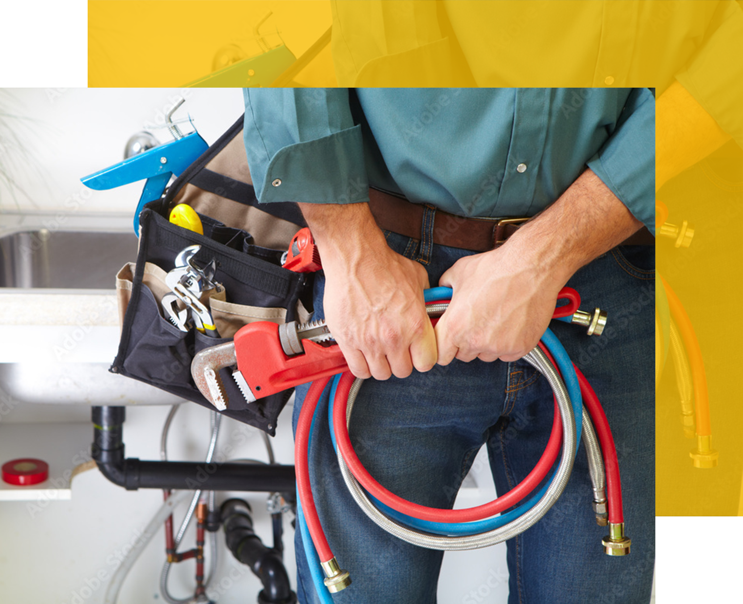 Plumber holding hoses, standing near a sink with tools.