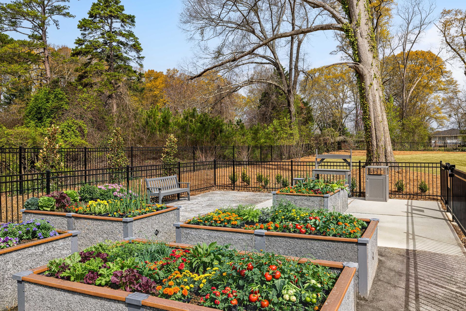 Raised flower beds in a landscaped garden with trees, benches, and a gravel path under autumn foliage