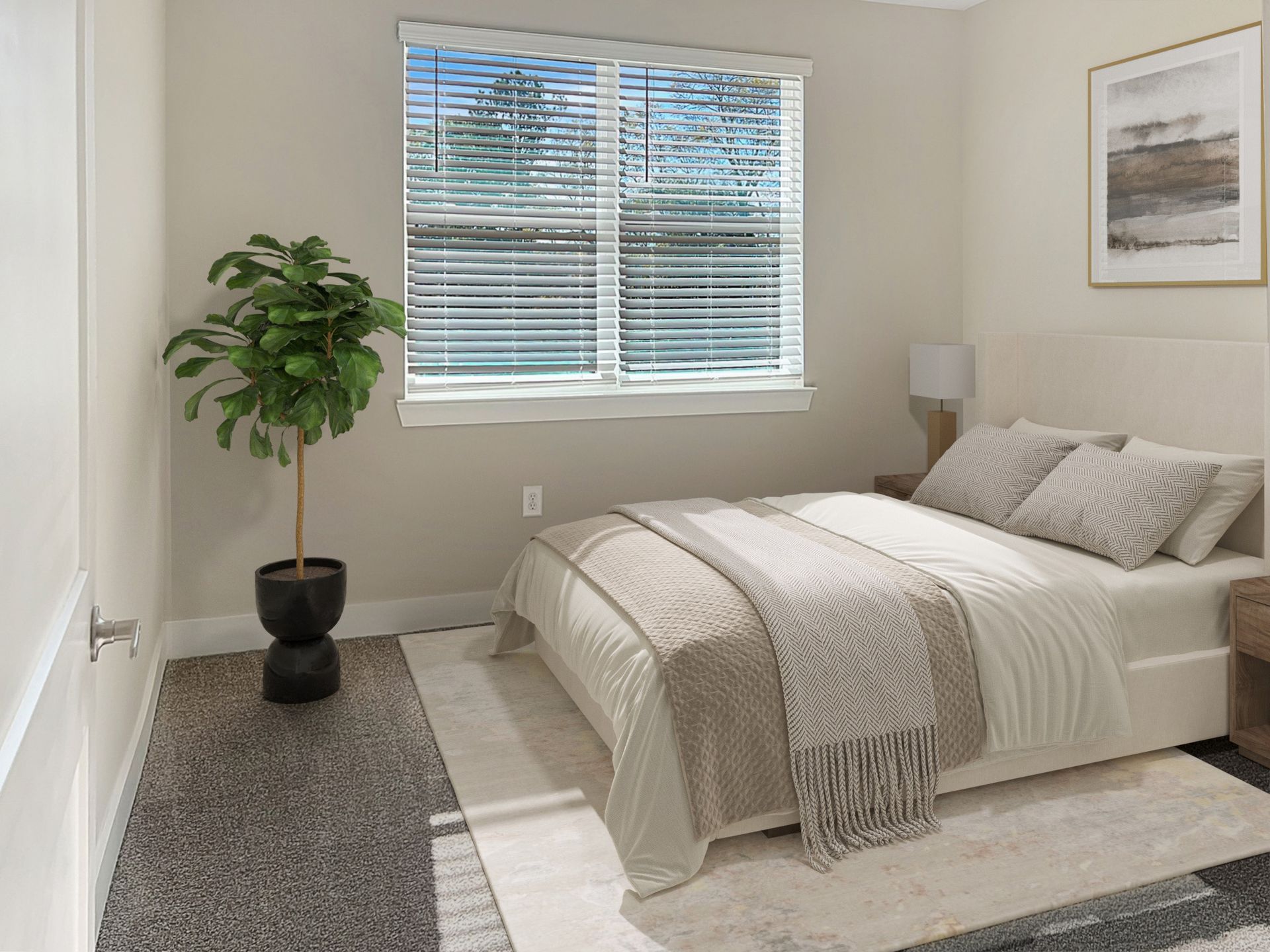 Bedroom in an apartment with a made bed, nightstands, a potted plant, and a window with blinds.