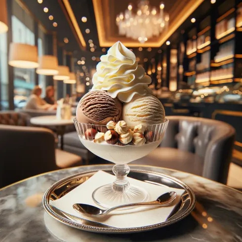 A bowl of ice cream with whipped cream and nuts on a table