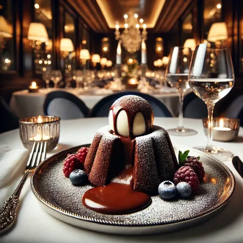 A chocolate dessert with ice cream and berries on a plate