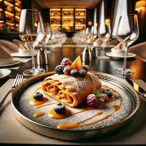A plate of food with powdered sugar and berries on a table in a restaurant.