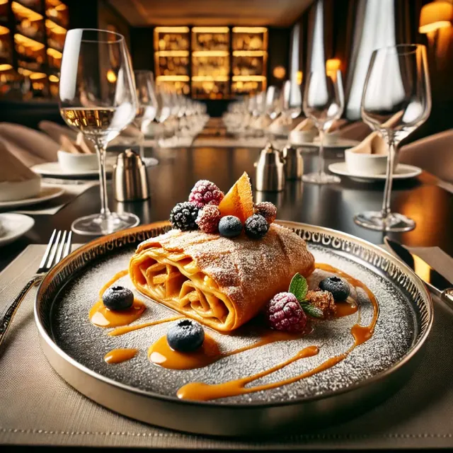 A plate of food with powdered sugar and berries on a table in a restaurant.
