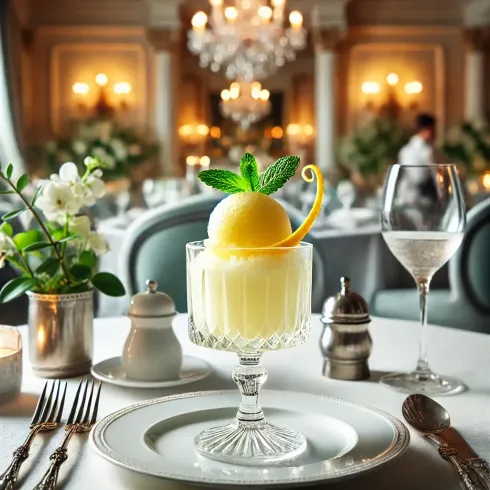 A glass of lemonade with a mint leaf on top is on a table in a restaurant.