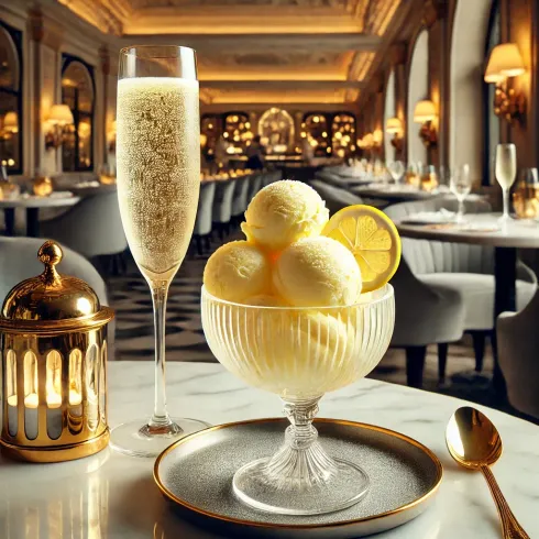 A bowl of ice cream and a glass of champagne on a table in a restaurant.