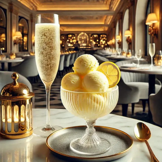 A bowl of ice cream and a glass of champagne on a table in a restaurant.