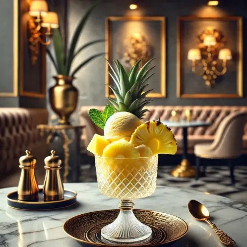 A bowl of pineapple ice cream with pineapple slices on a table.