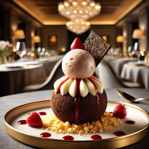 A chocolate dessert with ice cream and strawberries on top