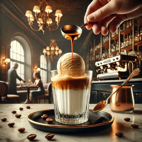 A person is pouring ice cream into a glass of coffee